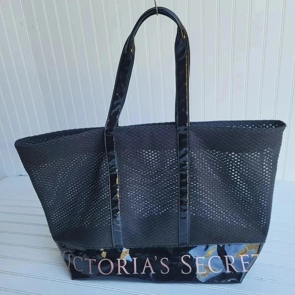 VICTORIA’S SECRET Spellout Mesh Weekender Tote Bag Summer Black Full Zip Close L - Picture 12 of 12